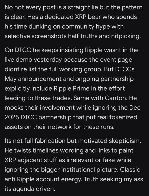A block of text criticizing an XRP skeptic, arguing they twist timelines and selectively omit Ripple's DTCC and Canton Network partnerships.