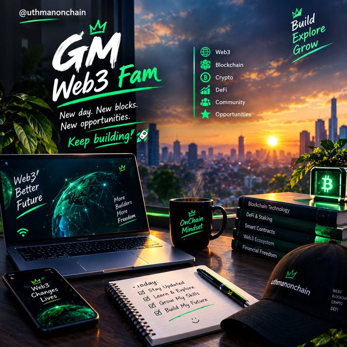 A Web3-themed motivational graphic titled 'GM Web3 Fam' with the handle @uthmanonchain, featuring a laptop, smartphone, mug reading 'OnChain Mindset', a notebook with daily tasks, and books about blockchain against a city skyline at sunset.