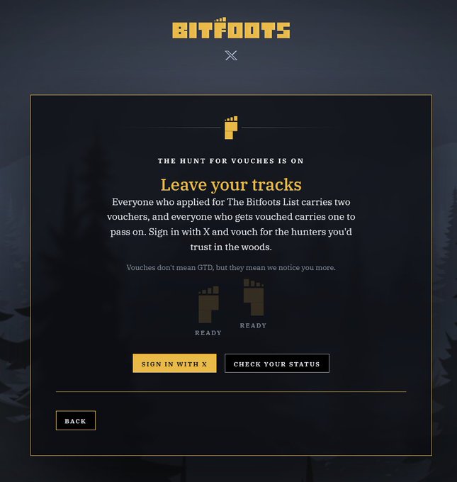 The image shows a Bitfoots promotional page titled "THE HUNT FOR VOUCHES IS ON – Leave your tracks," explaining that successful applicants receive two vouchers while vouched users get one, with options to "SIGN IN WITH X" or "CHECK YOUR STATUS." This relates to the post's announcement that Bitfoots whitelist results have been finalized, directing applicants to check their status at apply.bitfoots.xyz/check.