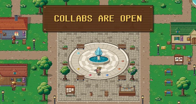 A pixel-art game scene of a town square featuring a central blue fountain, surrounded by houses and trees, with a wooden sign overhead reading "COLLABS ARE OPEN".