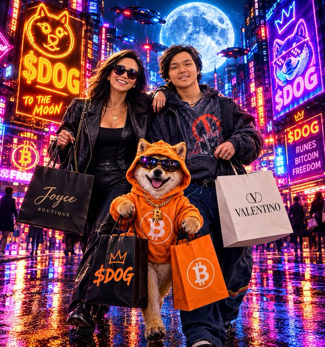 A vibrant neon-lit cyberpunk cityscape at night with a Shiba Inu dog wearing sunglasses and a Bitcoin hoodie, flanked by two people holding shopping bags from 'Joyce Boutique' and 'VALENTINO', surrounded by $DOG signs and a full moon.