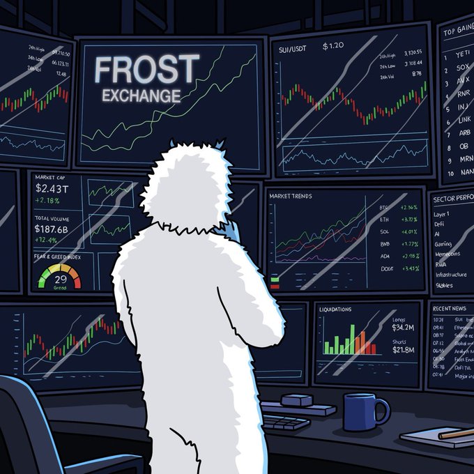 An anime-style character with white hair stands before a wall of monitors displaying the "FROST EXCHANGE" logo alongside crypto market data including SUI/USDT at $1.20, a $2.43T market cap, and the "Fear & Greed Index" at 29. The image visually represents the announcement of a new Sui DEX being developed by the Lofi team, incorporating the Full Sail team's codebase, mirroring the analytical and forward-looking nature of cryptocurrency exchange development.