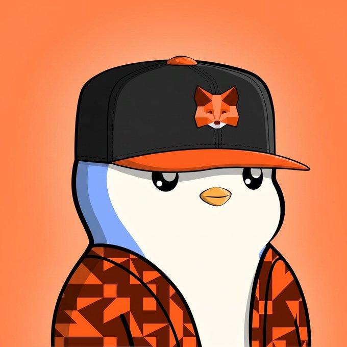 A digital illustration of a white cartoon penguin wearing a black and orange baseball cap featuring a fox logo and an orange patterned jacket against an orange background.