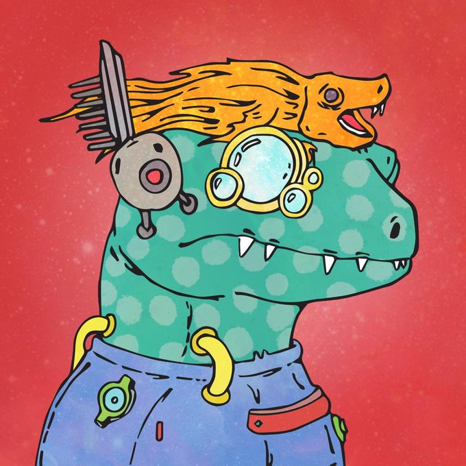 A colorful illustration features a green reptilian creature wearing blue jeans, with a small orange dragon-like creature perched on its head along with a round mirror and brush.