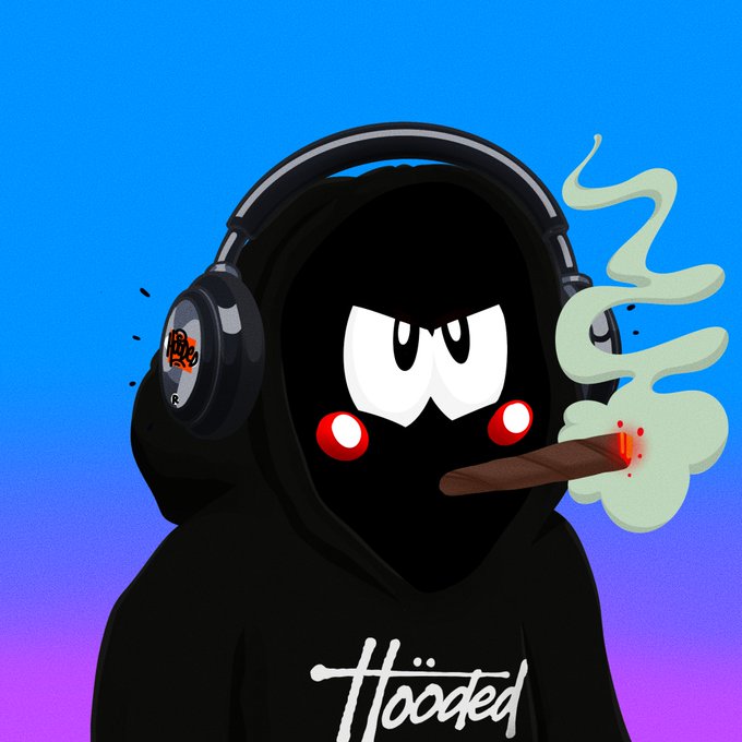 A digital cartoon illustration of a character wearing a black hoodie and large headphones, featuring red glowing cheeks, angry eyes, and smoking a cigar. The character has the text 'Hooded' written in stylized white letters across the bottom, set against a blue and purple gradient background.