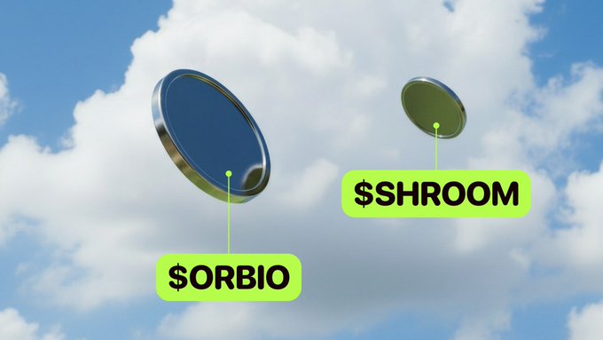 Two stylized circular tokens float against a blue cloudy sky, labeled "$ORBIO" and "$SHROOM" in bright green boxes. The image visually represents the pairing of these two utility tokens from the Pons ecosystem, reflecting the post's tease about upcoming pairings and future additions.