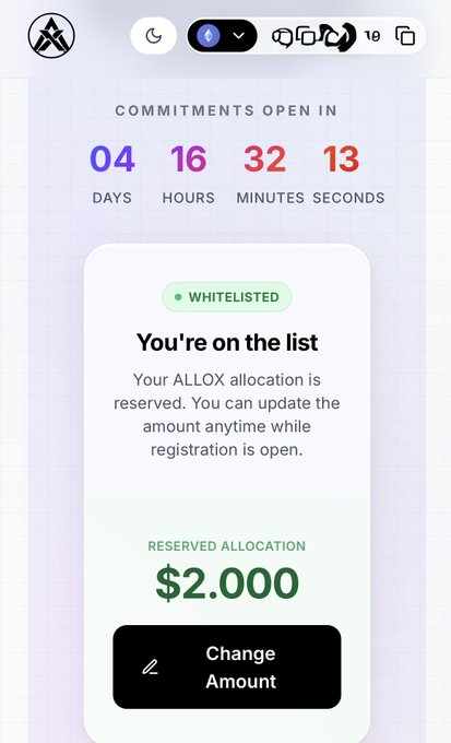 A mobile app screen showing a countdown of 04 days, 16 hours, 32 minutes, 13 seconds until commitments open, with a 'WHITELISTED' badge reading 'You're on the list' and a reserved ALLOX allocation of $2,000.