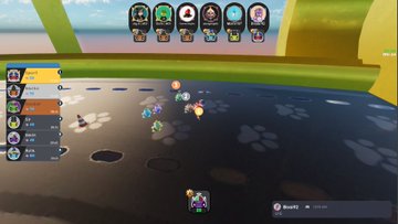 A screenshot of a colorful multiplayer video game showing multiple small characters racing on a track with player icons displayed at the top and a leaderboard on the left side.