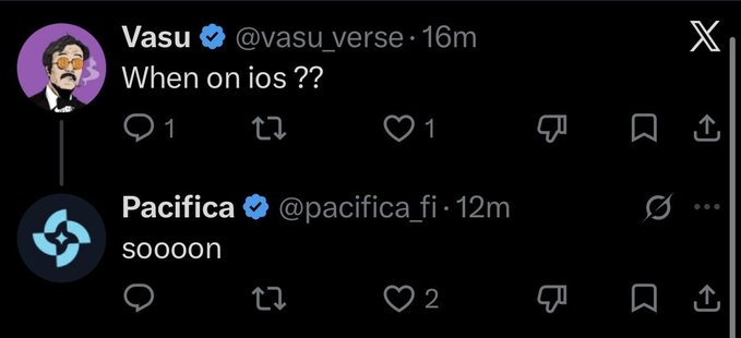 A Twitter/X exchange where user 'Vasu' (@vasu_verse) asks 'When on ios ??' and the official 'Pacifica' (@pacifica_fi) account replies 'sooooon'.