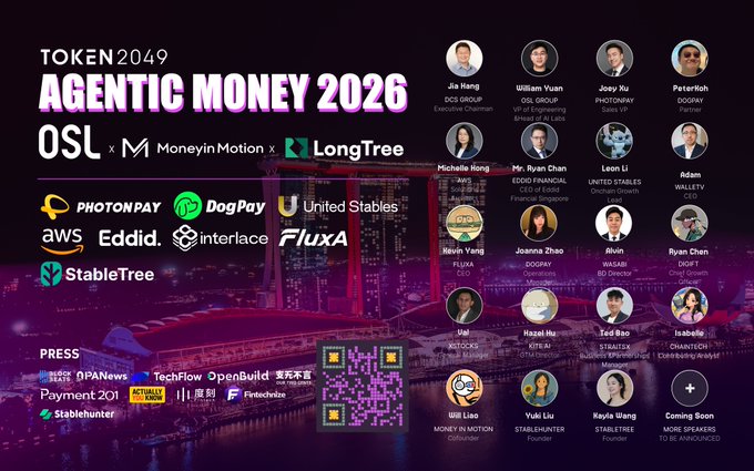Promotional graphic for 'TOKEN2049 AGENTIC MONEY 2026' event by OSL, Moneyin Motion, and LongTree, featuring sponsor logos (PhotoPay, DogPay, United Stables, AWS, Eddid, Interlace, FluxA, StableTree) and headshots of speakers including Jia Hang, William Yuan, Joey Xu, PeterHon, Michelle Hong, Mr. Ryan Chan, Leon Li, Adam, Kevin Yang, Joanna Zhao, Alvin, Ryan Chen, Usi, Kagai Hu, Ted Bao, Isabelle, Will Liao, Yuki Liu, Kayla Wang, and 'Coming Soon' speaker.