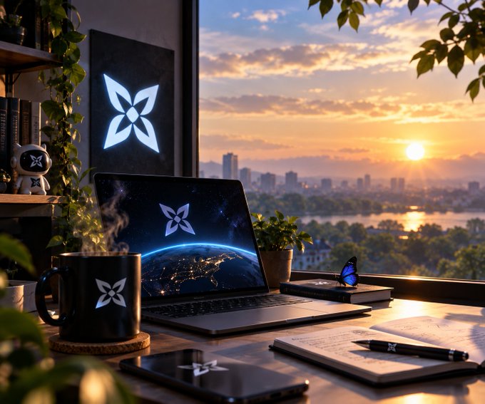 A stylized promotional scene showing a laptop and a mug on a desk at sunset, both displaying a four-petal flower/star logo with a cityscape view in the background.