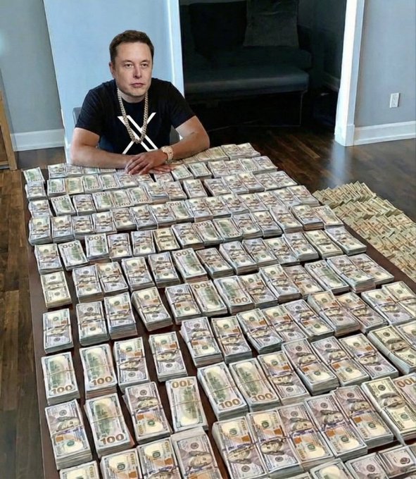 AI-generated or photoshopped image of Elon Musk wearing a gold chain, sitting at a table covered with massive stacks of $100 US dollar bills.