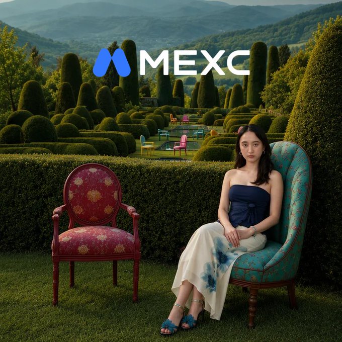 A MEXC promotional image featuring a woman seated on an ornate green chair in a manicured garden setting, with the MEXC logo displayed at the top.