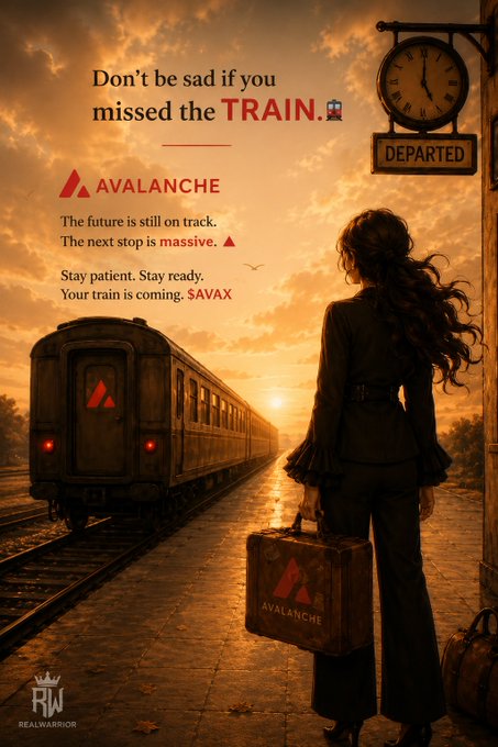 A promotional poster featuring a woman looking at a departing train at sunset, with text reading 'Don't be sad if you missed the TRAIN. AVALANCHE. The future is still on track. The next stop is massive. Stay patient. Stay ready. Your train is coming. $AVAX' and a 'REALWARRIOR' logo.