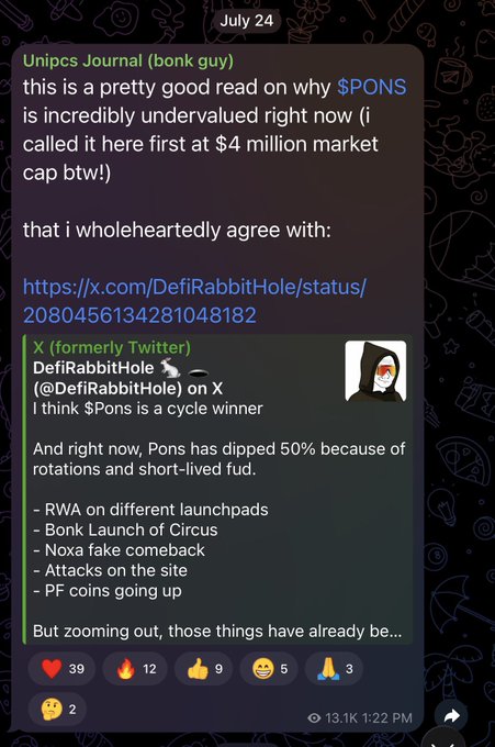 A Telegram message from July 24 discussing why $PONS is undervalued, featuring a quoted X post from @DefiRabbitHole calling $Pons a cycle winner despite a 50% dip due to market rotations and FUD.