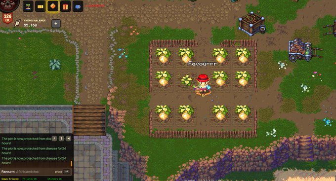 A top-down view of a farming simulation video game showing a character tending to a field of root vegetables, with the name 'Favourrr' floating above and an energy balance of '99,166' at the top left.