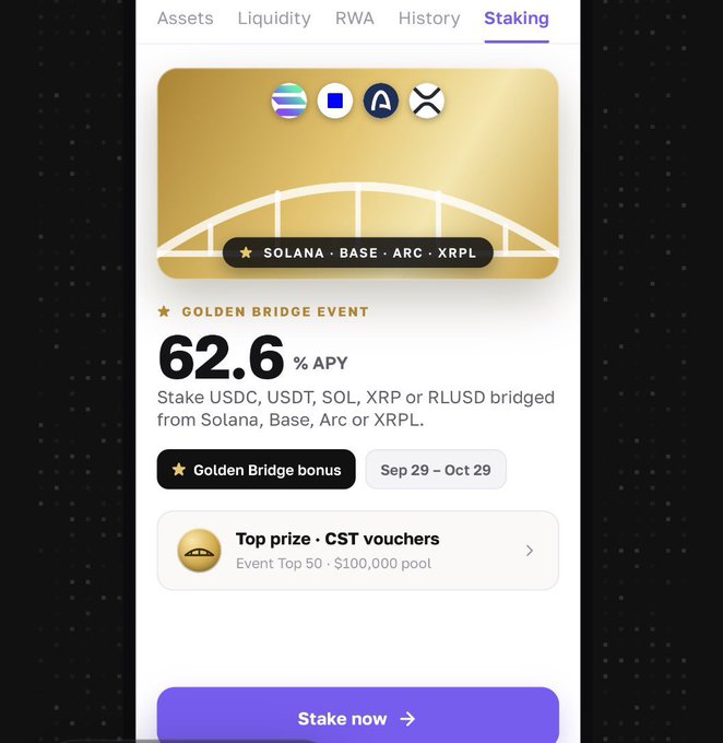 A mobile app screen showing a Golden Bridge staking event on Solana with 62.6% APY, with a 'Stake now' button at the bottom.