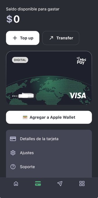 Mobile banking app showing a balance of $0, a digital Visa card branded 'Mini Pay', and buttons for 'Top up', 'Transfer', and 'Agregar a Apple Wallet' (Add to Apple Wallet).