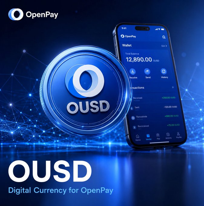The image shows a promotional graphic for OpenPay's digital currency OUSD, featuring a large blue coin displaying the "O" logo and "OUSD" text alongside a smartphone displaying the OpenPay wallet app with a total balance of 12,890.00 OUSD and visible transaction history. The tagline "OUSD Digital Currency for OpenPay" appears at the bottom, visually reinforcing the post's announcement of OUSD as the platform's integrated digital payment solution.