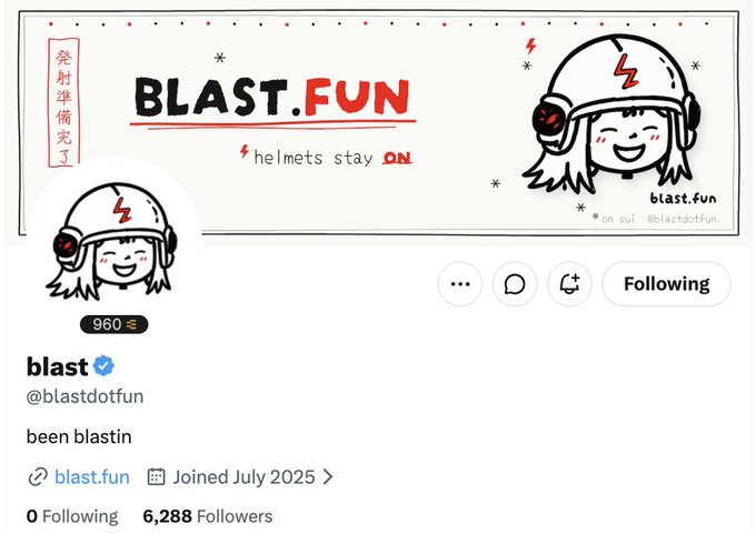 A Twitter/X profile for 'blast' (@blastdotfun) shows 'BLAST.FUN helmets stay on' banner art and the bio 'been blastin', with 6,288 followers.