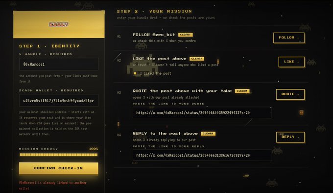 A two-step web form with dark/gold styling titled 'ZECBY' showing STEP 1 IDENTITY (X handle @uKarcos1) and STEP 2 YOUR MISSION with tasks to follow, like, quote, and reply to a post.
