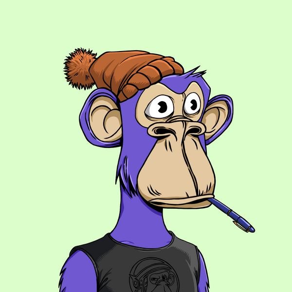 A cartoon image of a purple monkey character wearing a brown beanie hat, holding a pen in its mouth, set against a light green background.