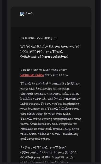 A welcome email from 'Team1' addressed to 'Okechukwu Delight' congratulating them on being accepted as a Team1 Collaborator in the Avalanche ecosystem.