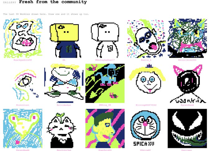 A gallery section titled "Fresh from the community" displays a 3x5 grid of user-submitted pixel art Wonkies characters with usernames like "frankyspanks80," "da," "ikksitsayaksari?," and "SpicaXV" credited beneath each creation. The vibrant collection of colorful drawings directly showcases the community artwork referenced in the post announcing the new gallery feature at wonkies.art/wonklab.