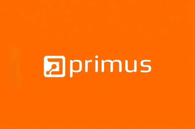 The white Primus logo (a stylized key) and wordmark centered on a solid orange background.