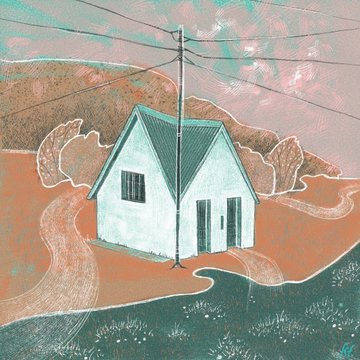 An illustrated artwork depicting a small white house with a green roof situated in a stylized landscape with a winding dirt road, a tall utility pole with power lines, and a textured sky in shades of pink and teal.