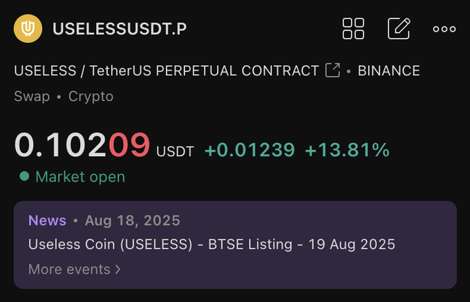 A Binance trading chart showing USELESS/USDT perpetual contract priced at 0.10209 USDT, up 13.81%, with a news item about a BTSE listing on August 19, 2025.