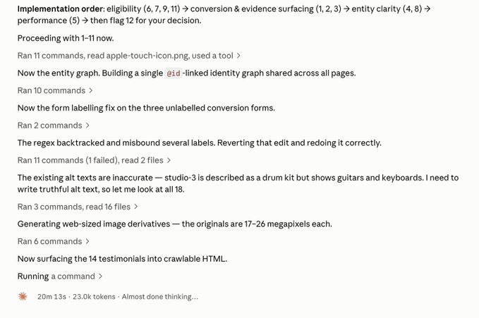 A screenshot of an AI assistant's process log detailing implementation steps for entity graph building, form labeling fixes, image derivative generation, and testimonial surfacing, with 23.0k tokens processed.