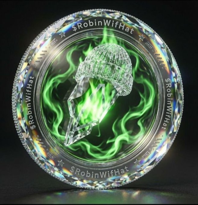 Digital artwork of a diamond-encrusted coin featuring a crystal microphone surrounded by green flames, with '$RobinWifHat' inscribed around the border.