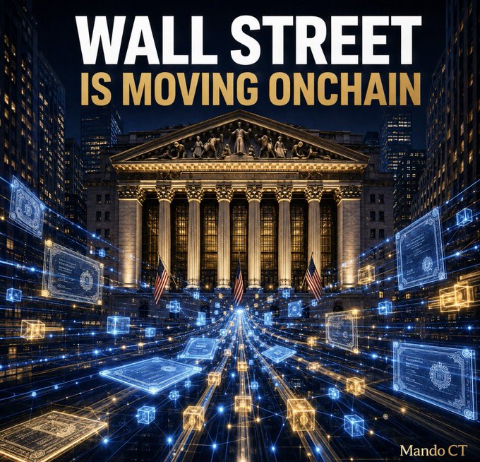 A nighttime view of the New York Stock Exchange building is overlaid with glowing digital certificates and a network of blue and gold light streams, visually merging traditional finance with blockchain technology. Bold text at the top reads "WALL STREET IS MOVING ONCHAIN," while "Mando CT" is credited in the bottom right corner, reinforcing the post's message about ICE and tZERO launching a tokenized securities market.