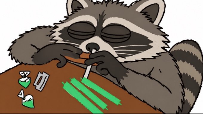 A cartoon illustration of a raccoon with half-closed eyes rolling a marijuana joint on a table that has green lines and small bag illustrations on it.