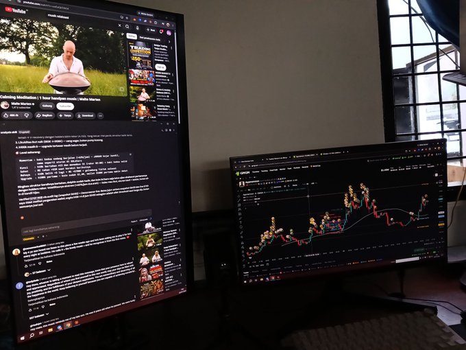 A dual-monitor workspace setup showing YouTube videos and comments on the left screen, with a cryptocurrency or stock trading chart displaying candlestick patterns on the right screen.