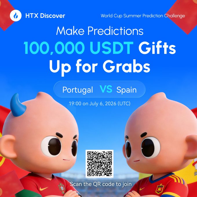 The promotional image advertises HTX Discover's "World Cup Summer Prediction Challenge," offering 100,000 USDT in gifts for predicting the outcome of the Portugal vs. Spain match on July 6, 2026, with a QR code provided for users to scan and join. Two cartoon characters wearing Portugal and Spain jerseys face off, reinforcing the matchup theme described in the post.