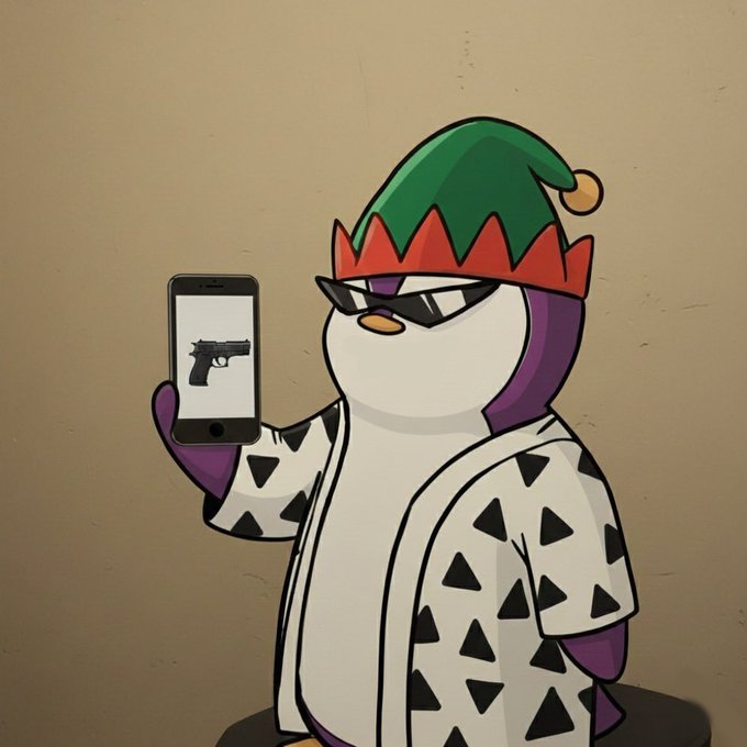 An illustration of a penguin wearing sunglasses, a green and red jester hat, and a patterned robe, holding up a smartphone displaying an image of a handgun.