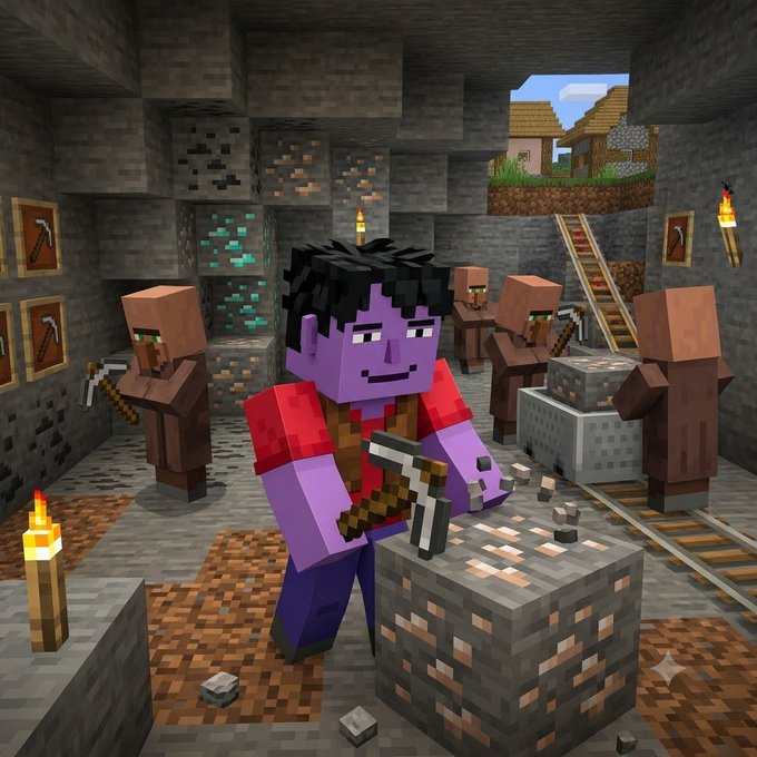 A Minecraft-style 3D render showing a purple-skinned character with black hair mining iron ore with a pickaxe in a cave, surrounded by villagers and diamond ore, with a village visible through an opening above.