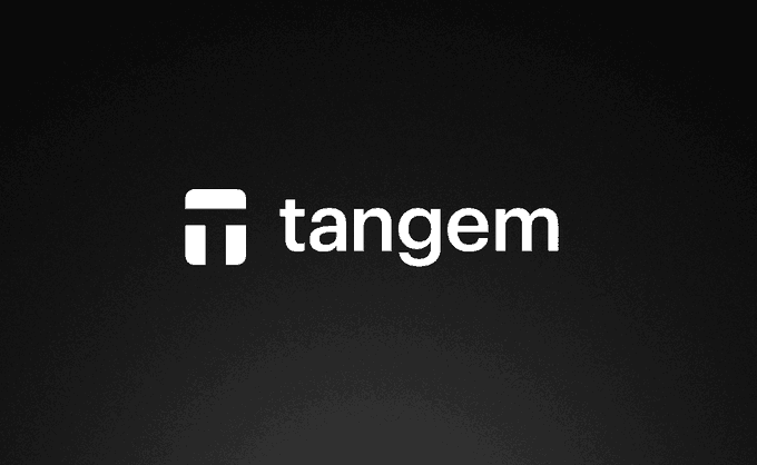 A minimalist logo on a black background featuring the word 'tangem' in white lowercase text next to a stylized icon resembling the letter 'T'.