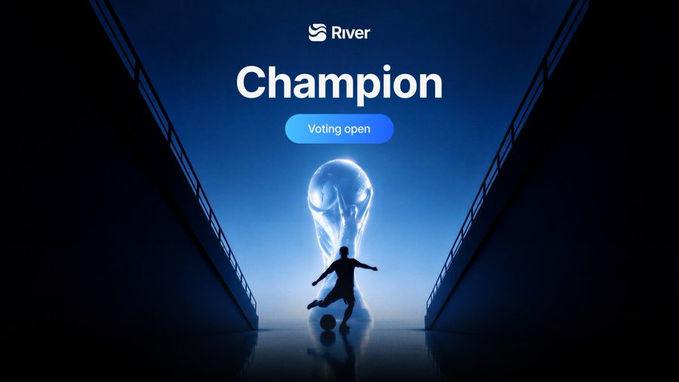 A blue-toned promotional image for 'River' titled 'Champion' showing a silhouette of a soccer player with 'Voting open' displayed.