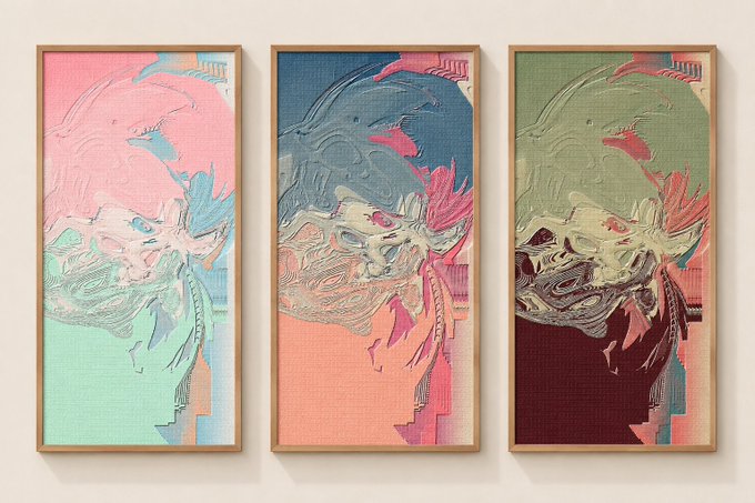 A triptych of three framed abstract paintings featuring swirling, textured brushstrokes in distinct color palettes—pink and mint, blue and coral, and olive green with deep red—each depicting a similar organic, floral-like motif.