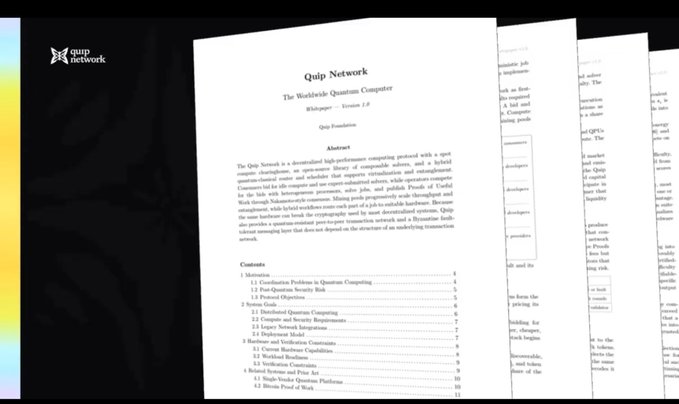 An academic paper titled "Quip Network: The Worldwide Quantum Computer" by Whitepaper Version 1.0, featuring an abstract and table of contents on its opening page.