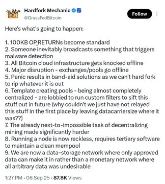 A tweet from 'Hardfork Mechanic' (@GrassFedBitcoin) listing 'Here's what's going to happen' with 9 points about Bitcoin and Bitcoin Cash issues including 100KB OP_RETURNs and mining disruptions.