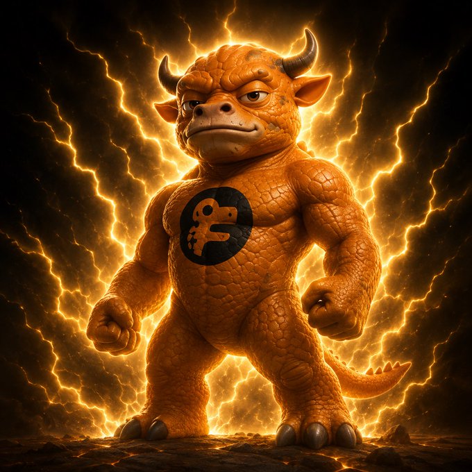 A digital illustration of a muscular orange bull-like creature with horns standing amidst bright golden lightning bolts, featuring a black circular emblem with a 'P' key symbol on its chest.