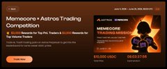 The image shows a screenshot of a website promoting an Astro Trading Competition called MemeCORE, which takes place from June 11 - June 28, 2018. The competition's prize money for winning the game show is $1,500. The competition is open for registration and offers various rewards to participants who perform well in the challenges, including $1,000, $800, and $600 prizes or $15,000 reward points that can be used towards other game shows as well.