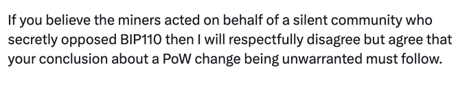 The image displays a quoted statement beginning "If you believe the miners acted on behalf of a silent community..." and referencing BIP11O, which appears to be a correction to the post's mention of it. The post criticizes the original speaker (Mechanic) while the image is used to illustrate a rebuttal pointing out that the community was not silent in their opposition.