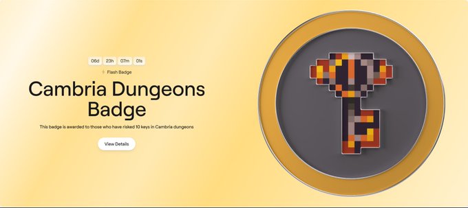 A screenshot of a digital achievement page for a 'Cambria Dungeons Badge' (06d 23h 07m 08s), noting 'This badge is awarded to those who have raised 10 keys in Cambria:dungeons,' displayed alongside an ornate pixel-art key icon.