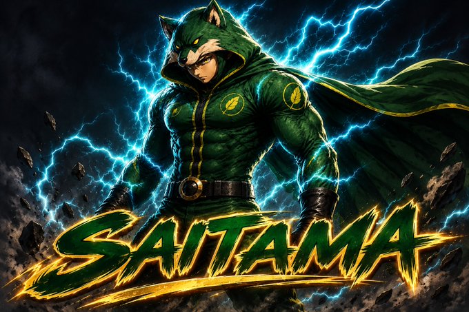 Anime-style illustration of a muscular caped figure in a green wolf-themed hooded suit surrounded by blue lightning, with the stylized yellow text "SAITAMA" displayed across the bottom.
