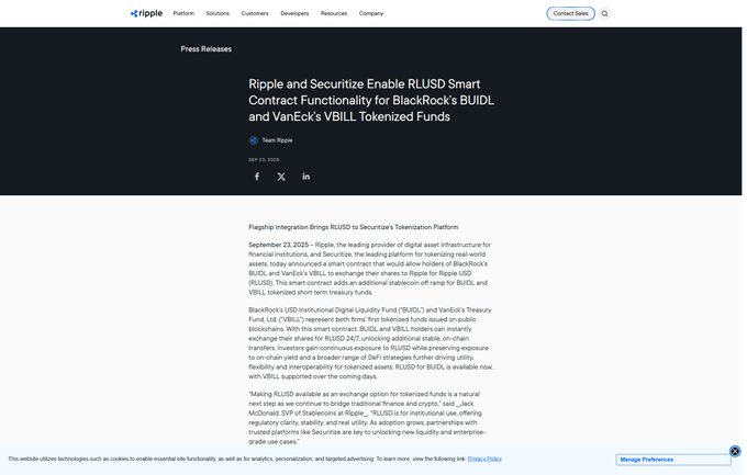 A press release webpage from Ripple dated September 23, 2025, titled "Ripple and Securitize Enable RLUSD Smart Contract Functionality for BlackRock's BUIDL and VanEck's VBILL Tokenized Funds," detailing how the partnership allows these tokenized funds to swap shares for Ripple's RLUSD stablecoin on a one-to-one basis, providing off-chain yield and broader DeFi access. The image directly visualizes the announcement referenced in the post, confirming Ripple's integration with major institutional players like BlackRock and VanEck.